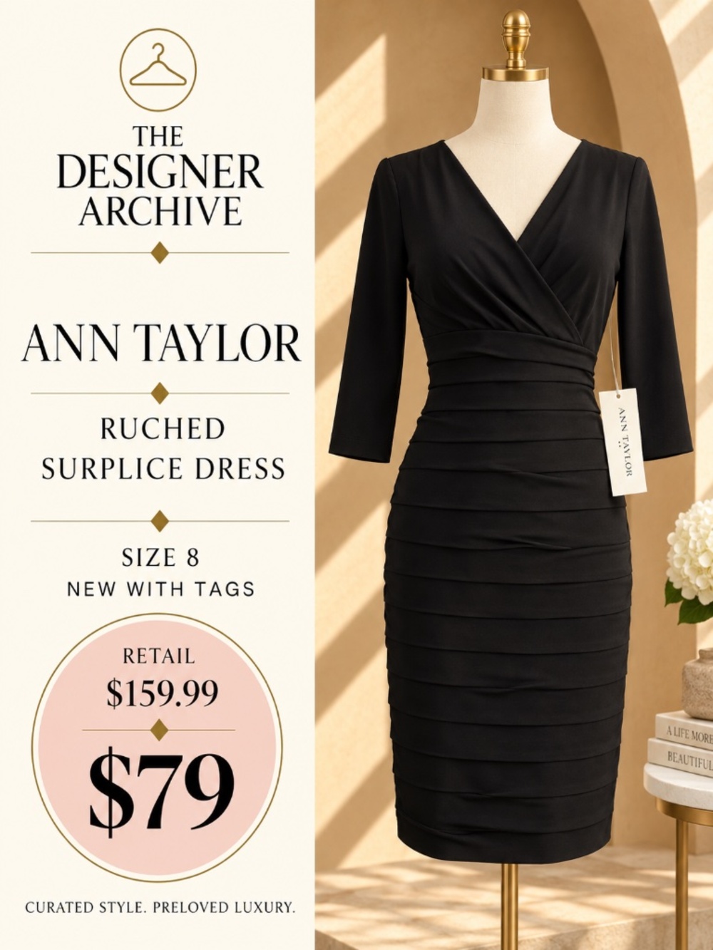 Ann Taylor Black Ruched Surplice Dress Size 8 NWT